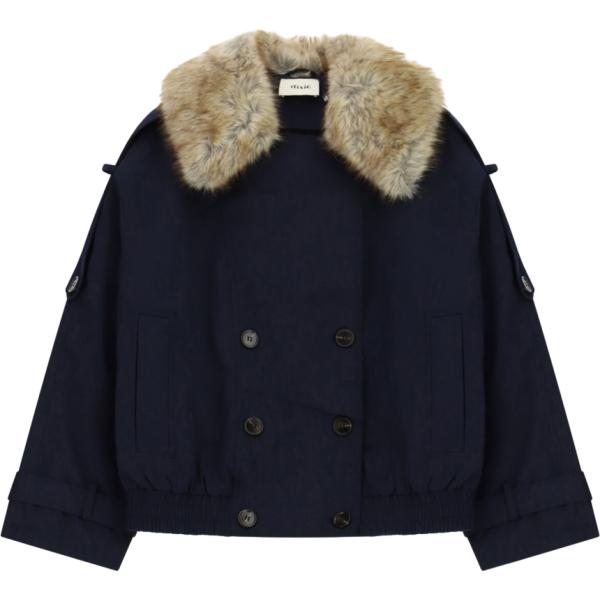 Parka da donna in blu scuro collo aperto corto con coulisse in in ecopelliccia Dixie