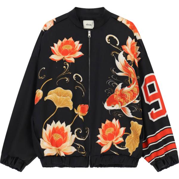 Bomber da donna in nero pece con stampe con zip Dixie Dixie