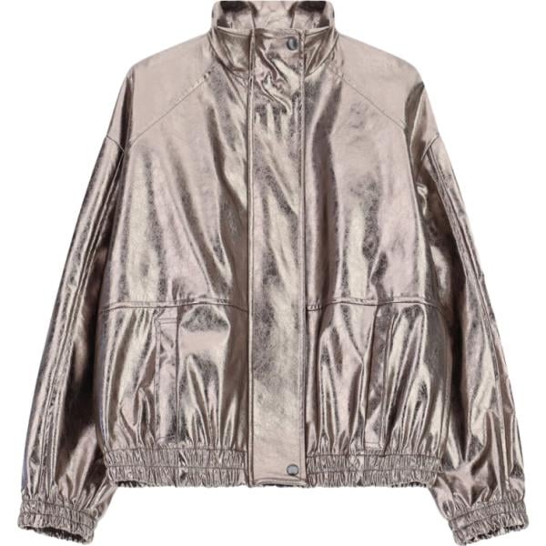 Bomber da donna in grigio chiaro effetto laminato collo a dolcevita con zip Dixie