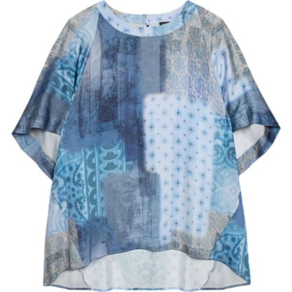 Blusa da donna boxy in blu scuro con stampe girocollo a maniche corte in viscosa Fiorella Rubino