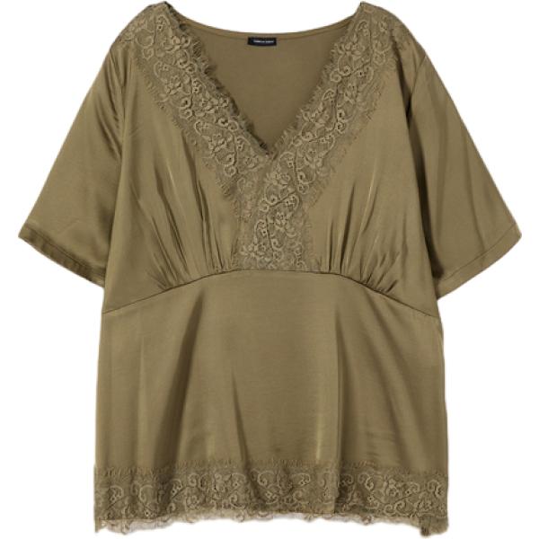Blusa da donna in verde oliva con ruches a maniche corte in viscosa Fiorella Rubino