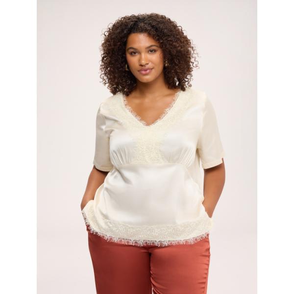 Blusa da donna in bianco neve con ruches a maniche corte in viscosa Fiorella Rubino