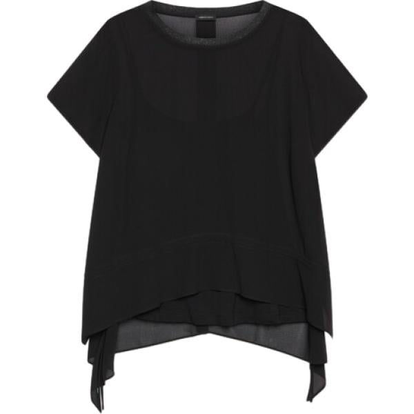 Blusa da donna forma asimmetrica in nero pece con ruches girocollo a maniche corte in viscosa Fiorella Rubino