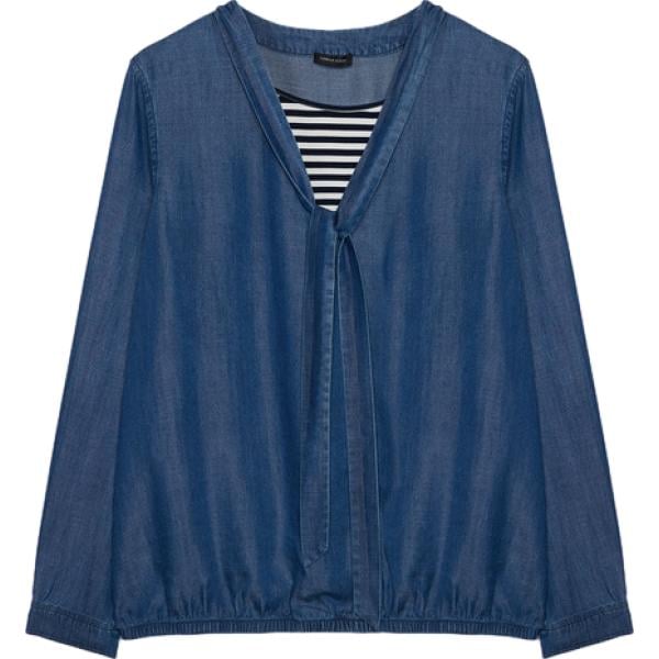 Blusa da donna in blu scuro a righe con fiocco collo a v a maniche lunghe in viscosa Fiorella Rubino