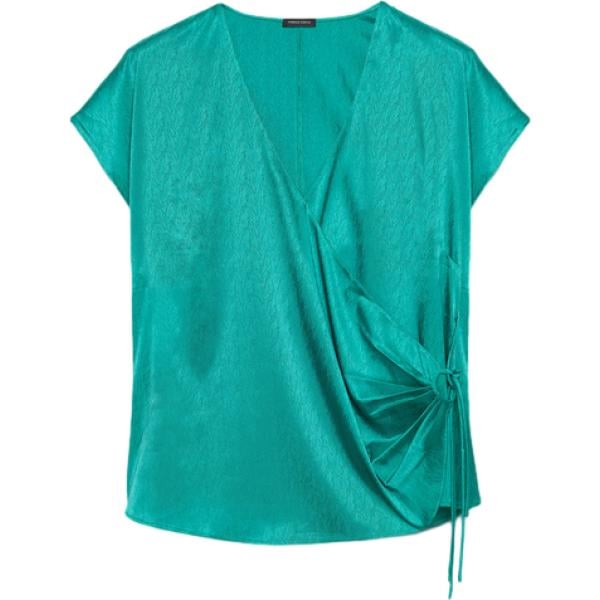 blusa da donna con drappeggio in verde scuro con scollo a maniche corte con lacci Fiorella Rubino