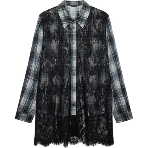 Camicia da donna in nero pece a fiori con pizzo collo classico a maniche lunghe con bottoni in cotone Fiorella Rubino