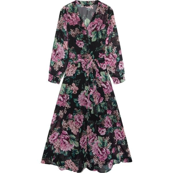 Vestito lungo da donna in nero pece con stampe con fiocco collo a v lungo a maniche lunghe con bottoni Fiorella Rubino