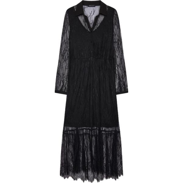 Vestito lungo da donna in nero pece con ruches lungo a maniche lunghe con bottoni in poliestere Fiorella Rubino