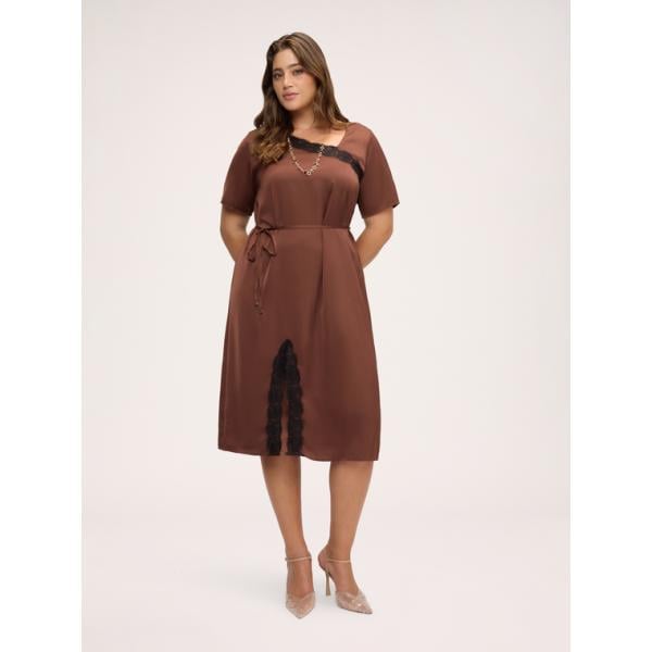 Vestito asimmetrico da donna in marrone scuro con pizzo con scollo a maniche corte Fiorella Rubino