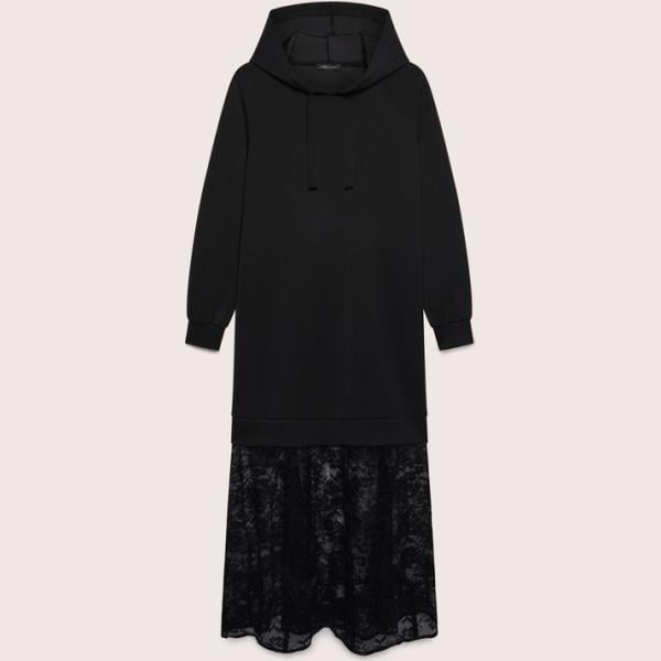 Vestito da donna in nero pece con pizzo collo con cappuccio in plush Fiorella Rubino
