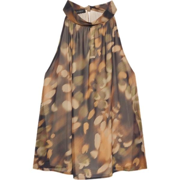 Blusa da donna con drappeggio in marrone chiaro con stampe senza maniche Fiorella Rubino