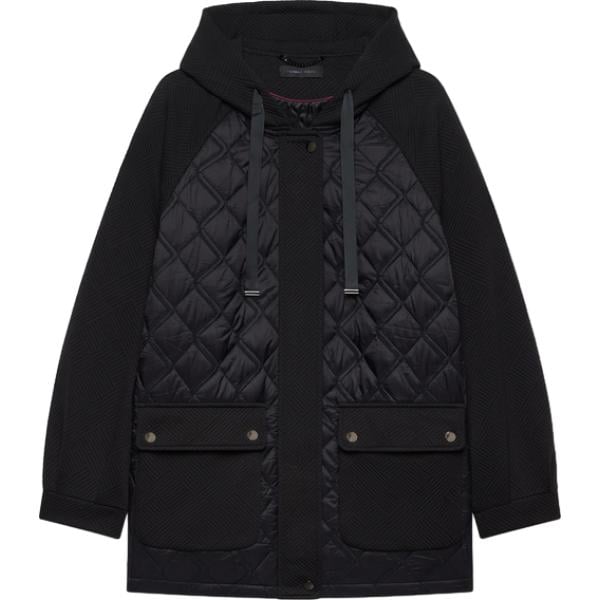 Piumino da donna in nero pece collo con cappuccio con zip Fiorella Rubino