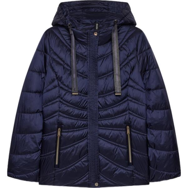 Piumino da donna in blu scuro collo con cappuccio corto a maniche lunghe con zip Fiorella Rubino