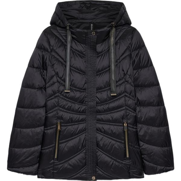 Piumino da donna in nero pece collo con cappuccio corto a maniche lunghe con zip Fiorella Rubino