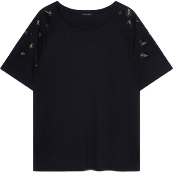 T-shirt da donna con drappeggio in nero pece animalier con scollo in viscosa Fiorella Rubino