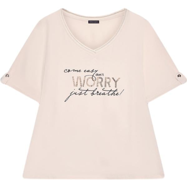 T-shirt da donna in rosa chiaro con stampe effetto laminato collo a v a maniche corte in cotone Fiorella Rubino