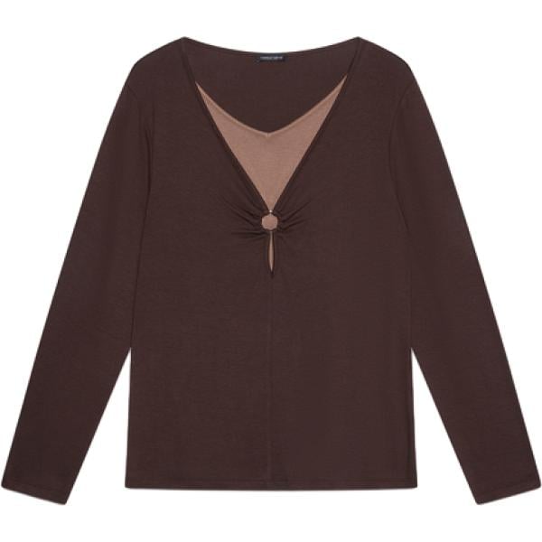 T-shirt da donna in marrone scuro collo a v a maniche lunghe in viscosa Fiorella Rubino