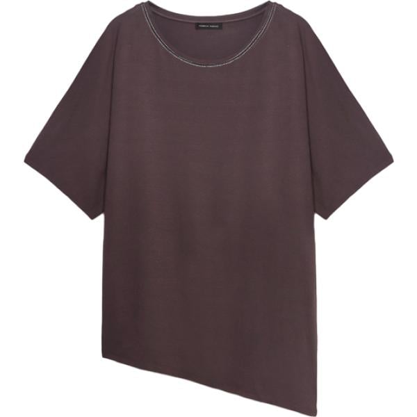 T-shirt da donna con drappeggio in marrone scuro con strass con scollo lungo a maniche corte in viscosa Fiorella Rubino
