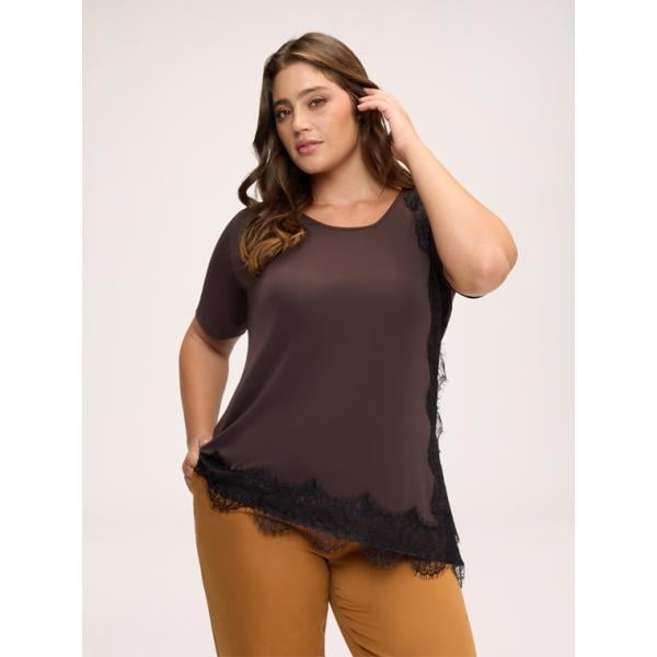 Top da donna forma asimmetrica in marrone scuro con pizzo girocollo lungo in poliestere Fiorella Rubino