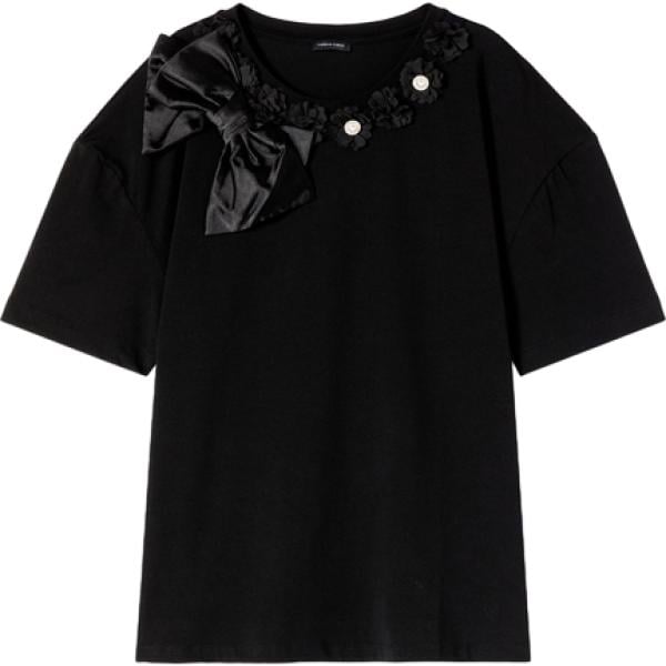 T-shirt da donna in nero pece a fiori con fiocco con scollo a maniche corte in cotone Fiorella Rubino