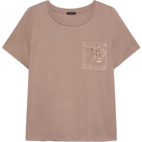 T-shirt da donna in marrone scuro con paillettes con scollo a maniche corte in cotone Fiorella Rubino