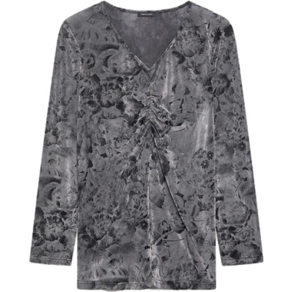 T-shirt da donna con drappeggio in grigio scuro con stampe collo a v a maniche lunghe in viscosa Fiorella Rubino