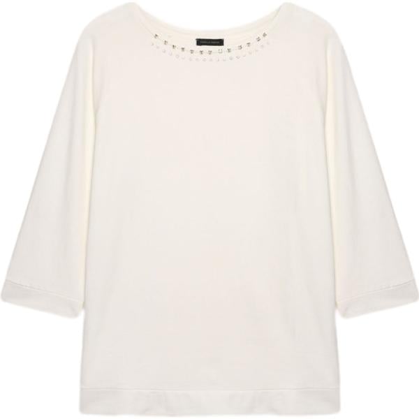 T-shirt da donna in bianco avorio con strass con scollo lungo in cotone Fiorella Rubino