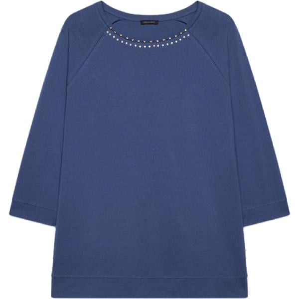 T-shirt da donna in blu scuro con strass con scollo lungo in cotone Fiorella Rubino