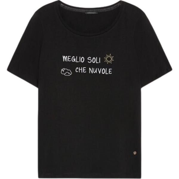 T-shirt da donna in nero pece con stampe con scollo a maniche corte in denim Fiorella Rubino