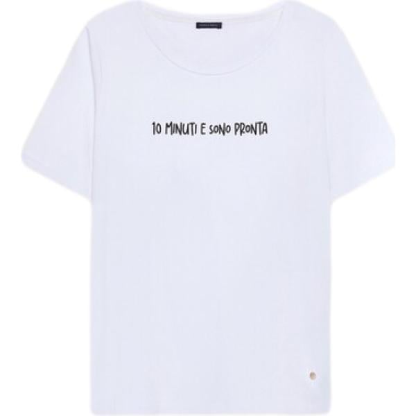 T-shirt da donna in bianco neve con stampe con scollo a maniche corte in cotone Fiorella Rubino