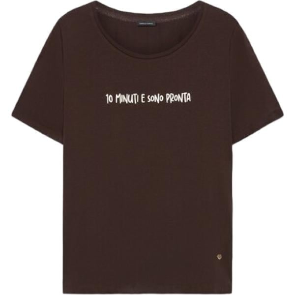 T-shirt da donna in marrone scuro con stampe con scollo a maniche corte in denim Fiorella Rubino