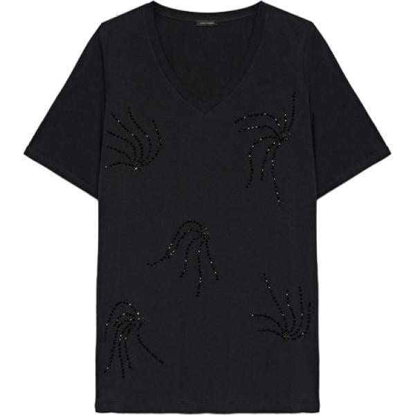 T-shirt da donna in nero pece con perle collo a v a maniche corte in cotone Fiorella Rubino