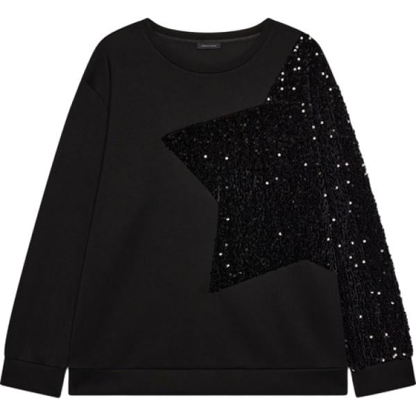 Felpa da donna in nero pece con paillettes girocollo maxi a maniche lunghe in viscosa Fiorella Rubino