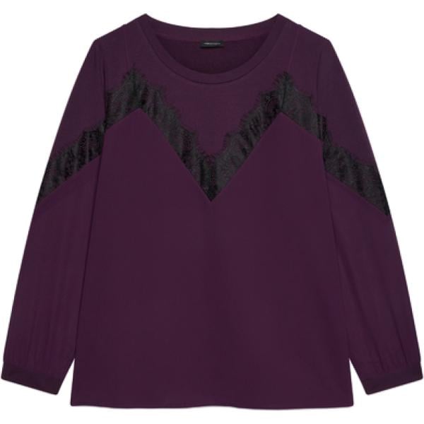 Felpa da donna in viola scuro con pizzo girocollo a maniche lunghe in denim Fiorella Rubino