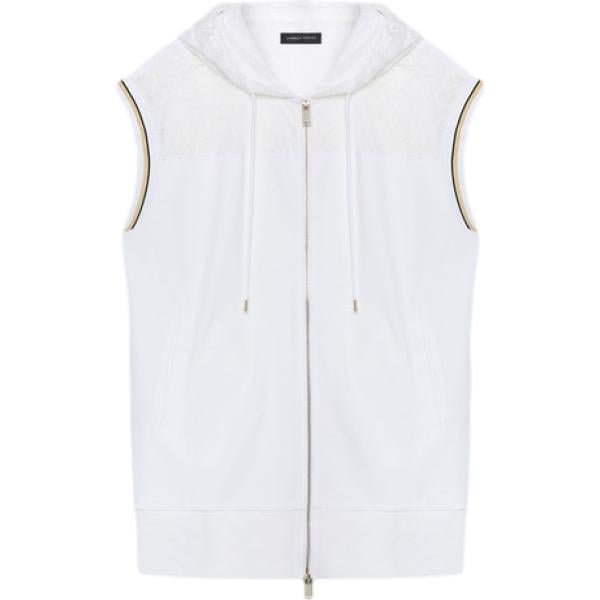 Piumino da donna in bianco neve effetto laminato collo con cappuccio senza maniche con zip in poliestere Fiorella Rubino
