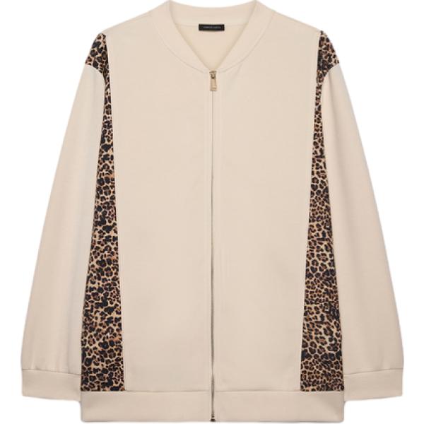 Felpa da donna in beige sabbia animalier collo a v lungo a maniche lunghe con zip in cotone Fiorella Rubino