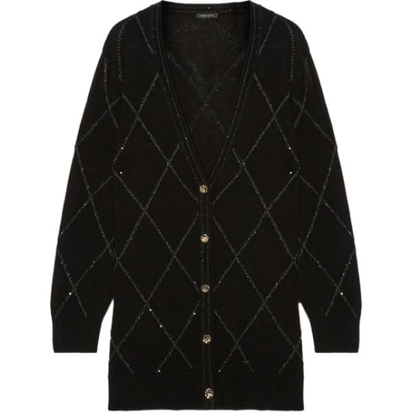 cardigan da donna in nero pece geometrica con paillettes collo a v a maniche lunghe con bottoni in lana Fiorella Rubino