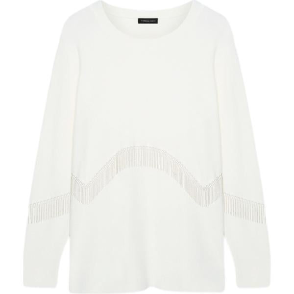 maglione da donna con drappeggio in bianco neve con frange con scollo a maniche lunghe in viscosa Fiorella Rubino