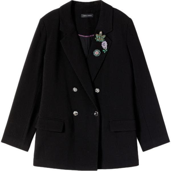 Giacca da donna in nero pece a fiori collo con revers in viscosa Fiorella Rubino