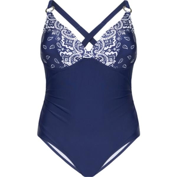Costume intero da donna in blu scuro con stampe con spalline completo Fiorella Rubino
