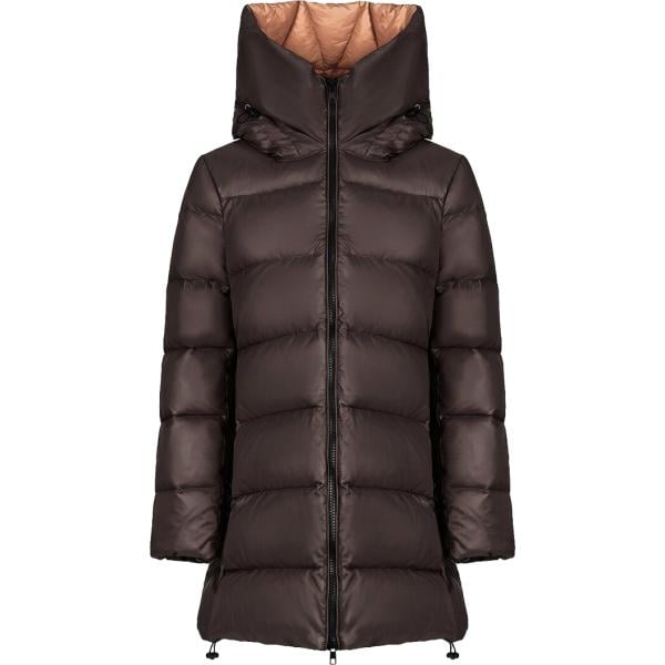 Piumino da donna in marrone scuro collo con cappuccio lungo con zip in nylon Canadian