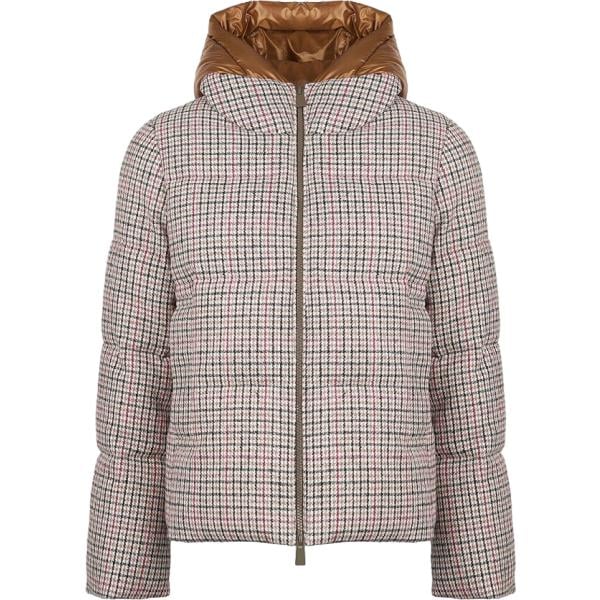 Piumino da donna in viola chiaro a quadri effetto lucido collo con cappuccio con zip in lana Canadian