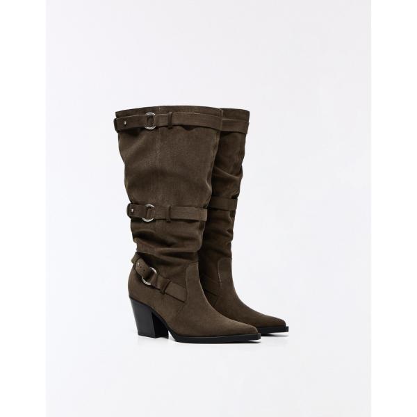 Botas mujer marrón oscuro de tacón poliéster Bershka
