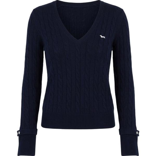 Maglione da donna longuette in blu scuro collo a v a vita alta in lana Harmont&Blaine