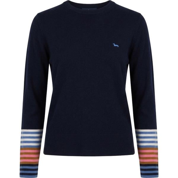 Maglione da donna longuette in blu scuro a righe a vita alta in lana Harmont&Blaine