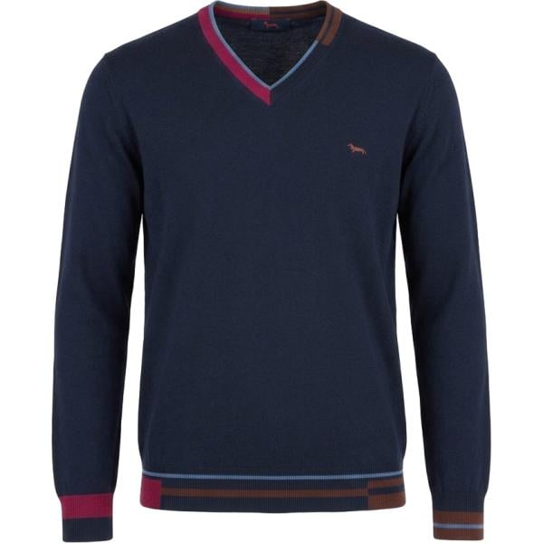 Maglione da uomo in blu scuro collo a v in lana Harmont&Blaine
