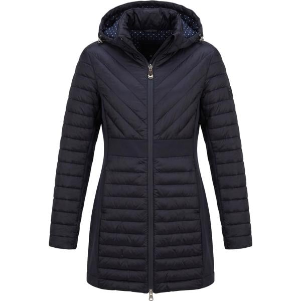Piumino da donna in blu scuro a righe lavorato a maglia collo a dolcevita lungo a vita alta in nylon Harmont&Blaine