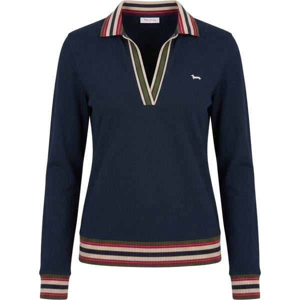 Polo da donna in blu scuro collo a v a maniche lunghe in cotone Harmont&Blaine