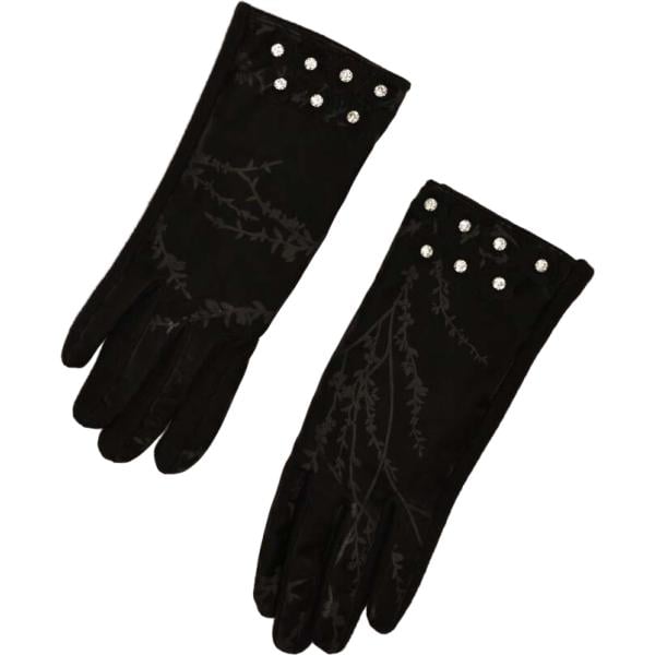 Guanti da donna in nero pece a fiori con strass Nunalie