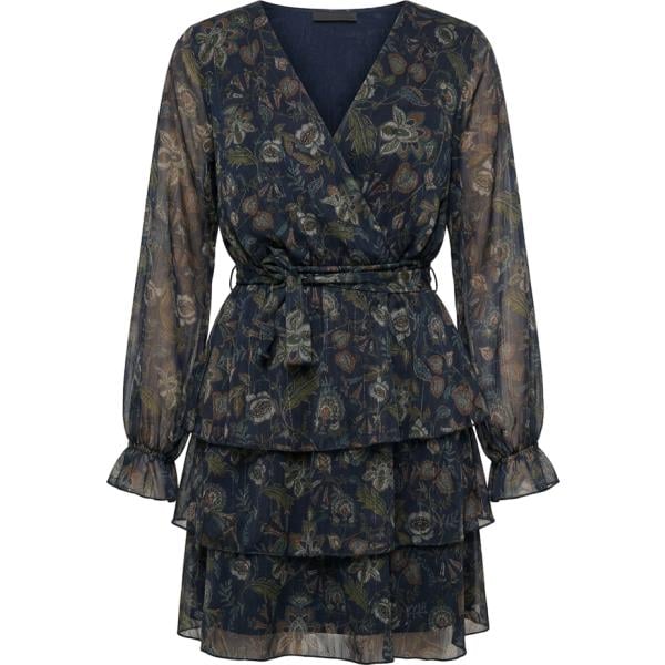 Vestito corto da donna in blu scuro con stampe con ruches collo a v corto a maniche lunghe in poliestere Nunalie Nunalie